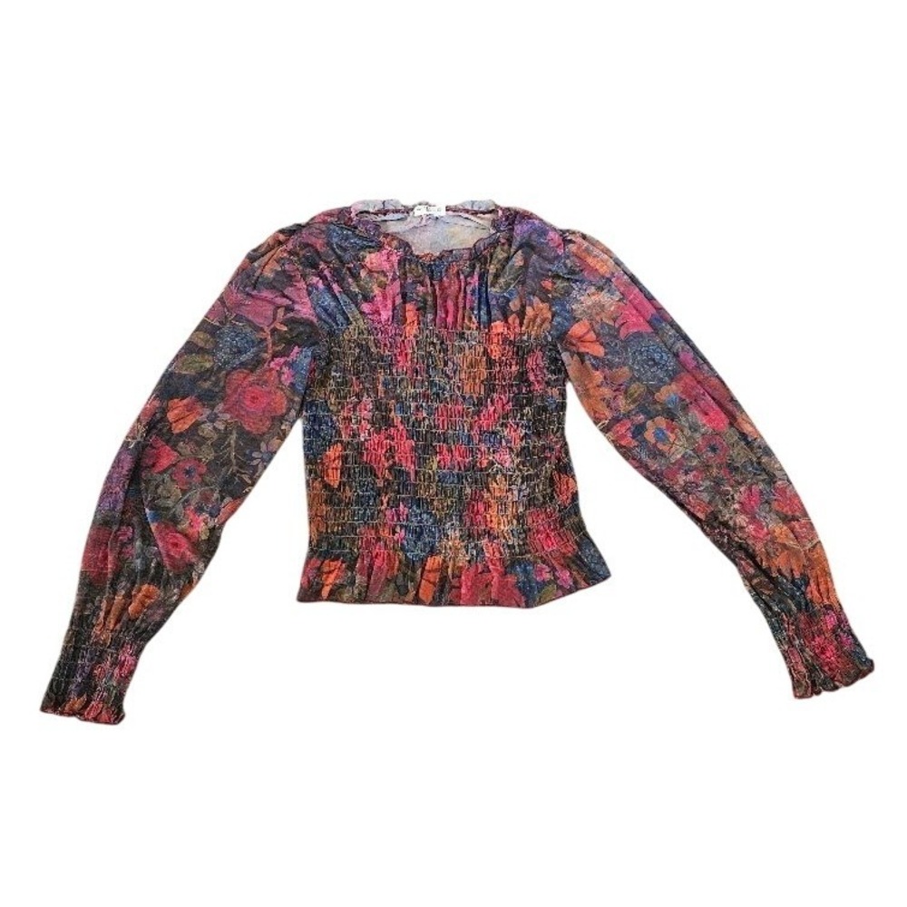 Natural Life Floral Mesh Smocked Top XL Long Sleeve Ruffle Hem Blouse Multicolor